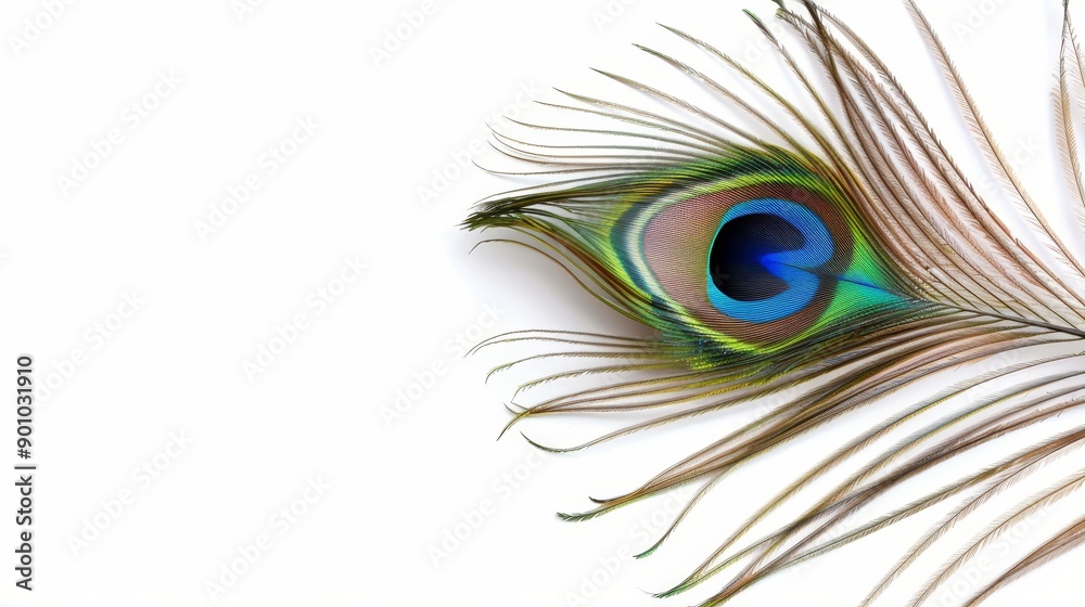 Obraz premium Vibrant peacock feather with eye pattern, isolated, blank background with text space