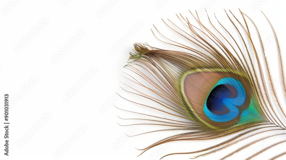 Obraz premium Vibrant peacock feather with eye pattern, isolated, blank background with text space
