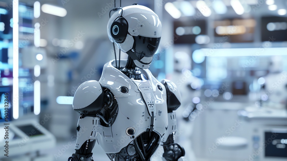 A white humanoid robot with a black visor stands in a futuristic laboratory. A white humanoid robot with a black visor stands in a futuristic laboratory.