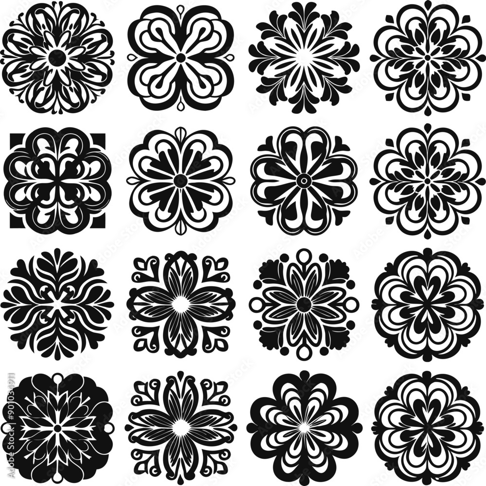 Elegant Floral Ornament, black and white vector set of flower shilouette ornaments. Elegant Floral Ornament, black and white vector set of flower shilouette ornaments.