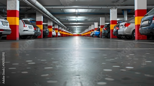 Organized and Spacious Underground Car Parking Garage with Rows of Empty Parking Spots photo