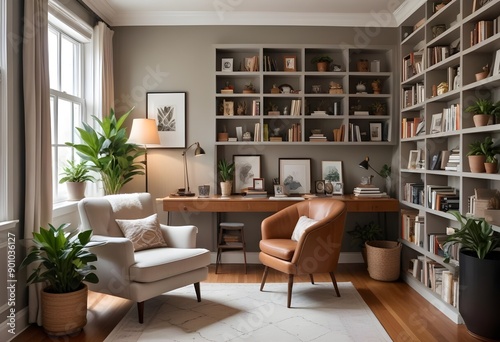 Cozy home office with built-in bookshelves, a comfortable armchair, and various decorative elements like plants and artwork