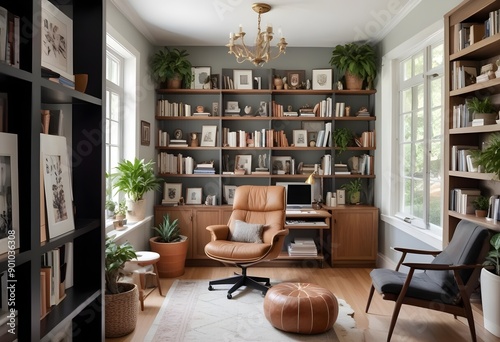 Cozy home office with built-in bookshelves, a comfortable armchair, and various decorative elements like plants and artwork