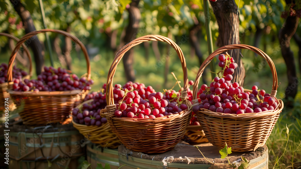 Grape Harvest Festival, fresh grapes in a wicker basket in the vineyard, vineyard background with green trees and bright blue sky, Ai generated Images