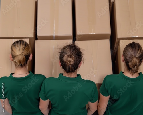 A delivery team organizing packages in a warehouse, high resolution, photo