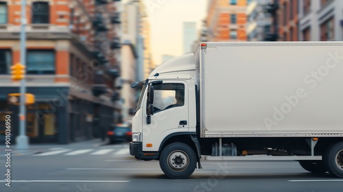 A delivery truck driving through a busy city street, high resolution,