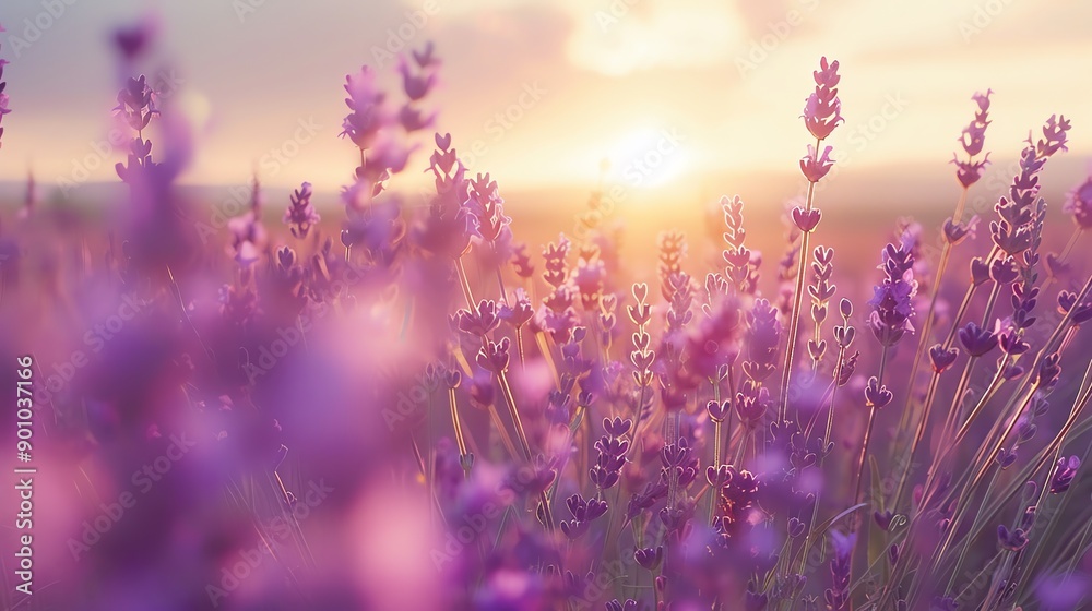 Fototapeta premium A field of lavender flowers in bloom, bathed in the warm glow of a setting sun.
