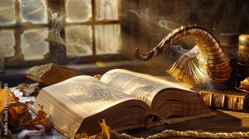 Illustration of Yom Kippur with a focus on a beautifully designed shofar, traditional prayer books, and a serene, reflective atmosphere, capturing the essence of atonement and repentance.