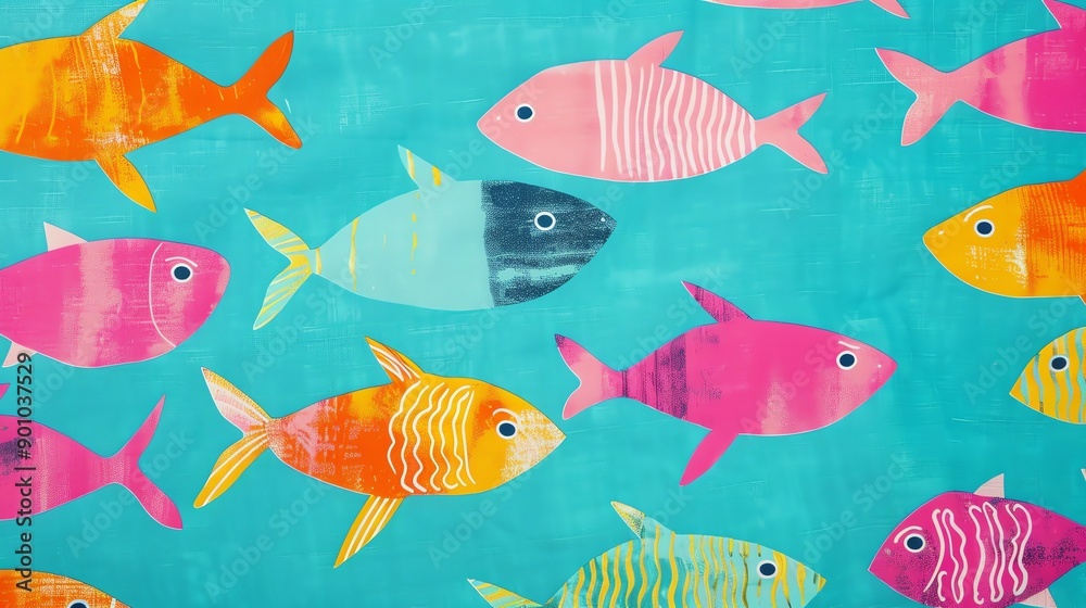 A colorful illustration of a school of fish swimming in a turquoise blue ocean. A colorful illustration of a school of fish swimming in a turquoise blue ocean.