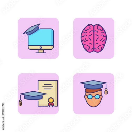 Education line icon set. Student, computer, certificate with graduation cap and human brain. Online learning concept. Can be used for topics like university, master degree, online education