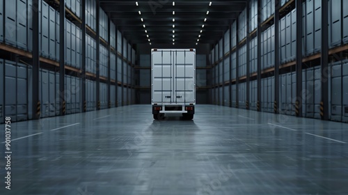 An industrialstyle warehouse with a freight truck and international shipping preparations,