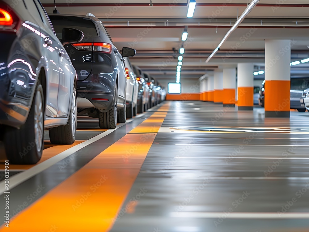 Fototapeta premium Organized and Illuminated Car Parking Garage Interior With Linear Pattern