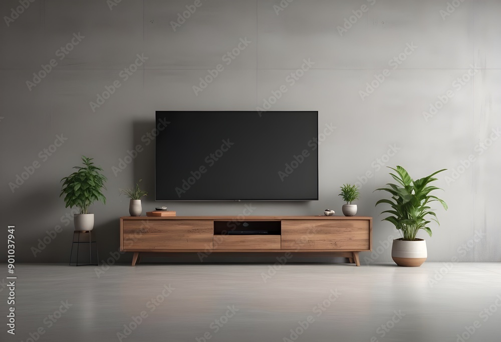 Modern wooden TV stand with a large flat screen TV mounted on the wall, a potted plant, and a decorative vase on the stand against a gray concrete wall background Modern wooden TV stand with a large flat screen TV mounted on the wall, a potted plant, and a decorative vase on the stand against a gray concrete wall background