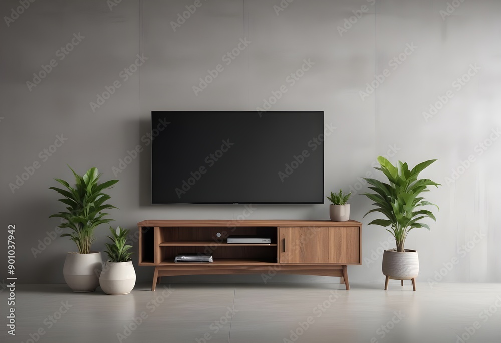 Modern wooden TV stand with a large flat screen TV mounted on the wall, a potted plant, and a decorative vase on the stand against a gray concrete wall background Modern wooden TV stand with a large flat screen TV mounted on the wall, a potted plant, and a decorative vase on the stand against a gray concrete wall background