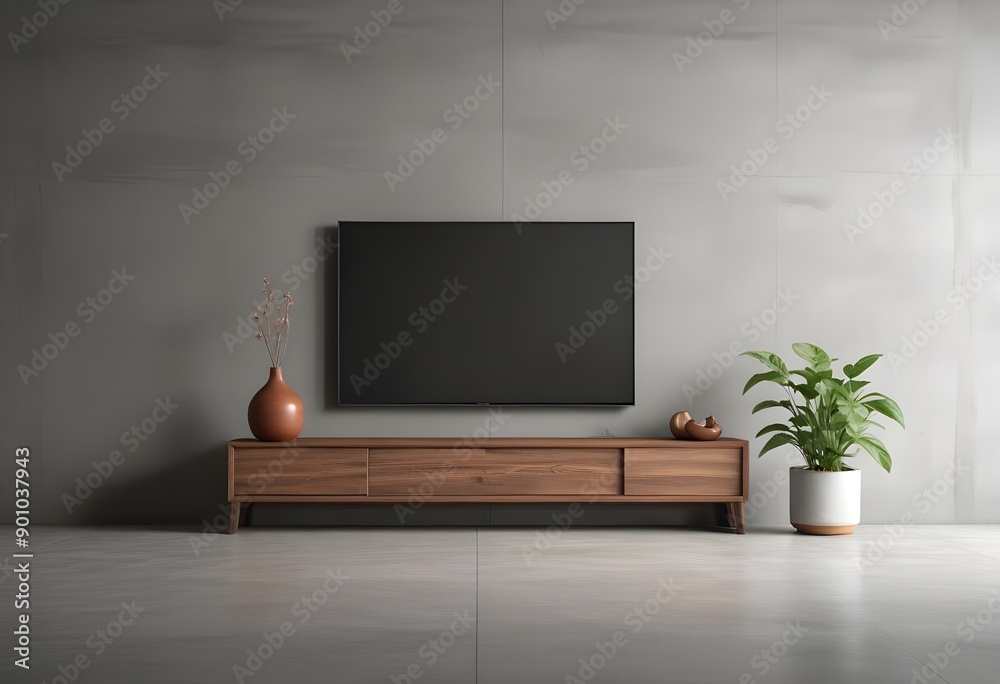 Modern wooden TV stand with a large flat screen TV mounted on the wall, a potted plant, and a decorative vase on the stand against a gray concrete wall background Modern wooden TV stand with a large flat screen TV mounted on the wall, a potted plant, and a decorative vase on the stand against a gray concrete wall background