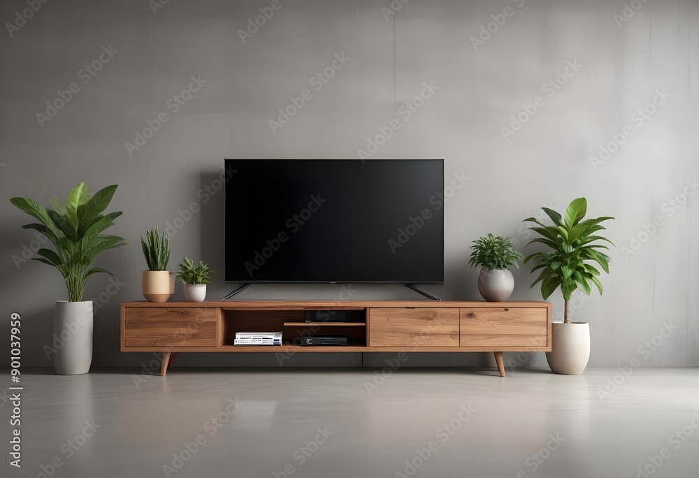 Modern wooden TV stand with a large flat screen TV mounted on the wall, a potted plant, and a decorative vase on the stand against a gray concrete wall background Modern wooden TV stand with a large flat screen TV mounted on the wall, a potted plant, and a decorative vase on the stand against a gray concrete wall background