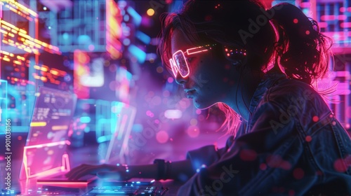 A female programmer works intensely at a futuristic computer, illuminated by vibrant neon lights and digital data displays.