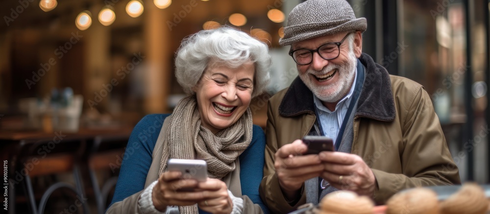 Fototapeta premium Elderly Couple Laughing Together While Using Smartphones