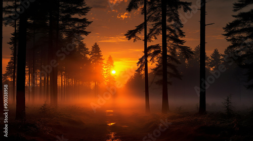 Orange Sunrise Foggy Forest Silhouettes