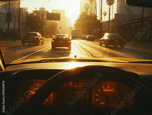 Driving Through City Traffic at Sunset photo