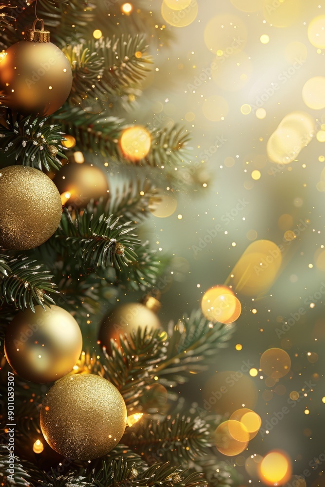 Christmas golden background with bokeh lights and pine tree branches with golden Christmas balls. Christmas golden background with bokeh lights and pine tree branches with golden Christmas balls.