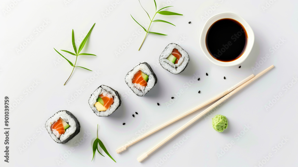 Fresh Sushi Rolls with Soy Sauce and Wasabi on White Background with Bamboo Leaves and Chopsticks Fresh Sushi Rolls with Soy Sauce and Wasabi on White Background with Bamboo Leaves and Chopsticks