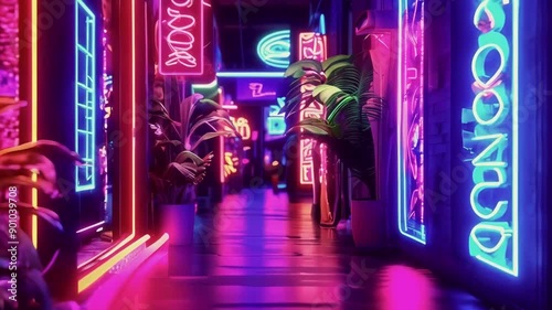 city ​​streets with various purple neon lights photo