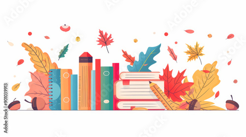 Colorful Autumn Books and Leaves Illustration - Cozy Fall Reading Concept with Books and Autumn Leaves