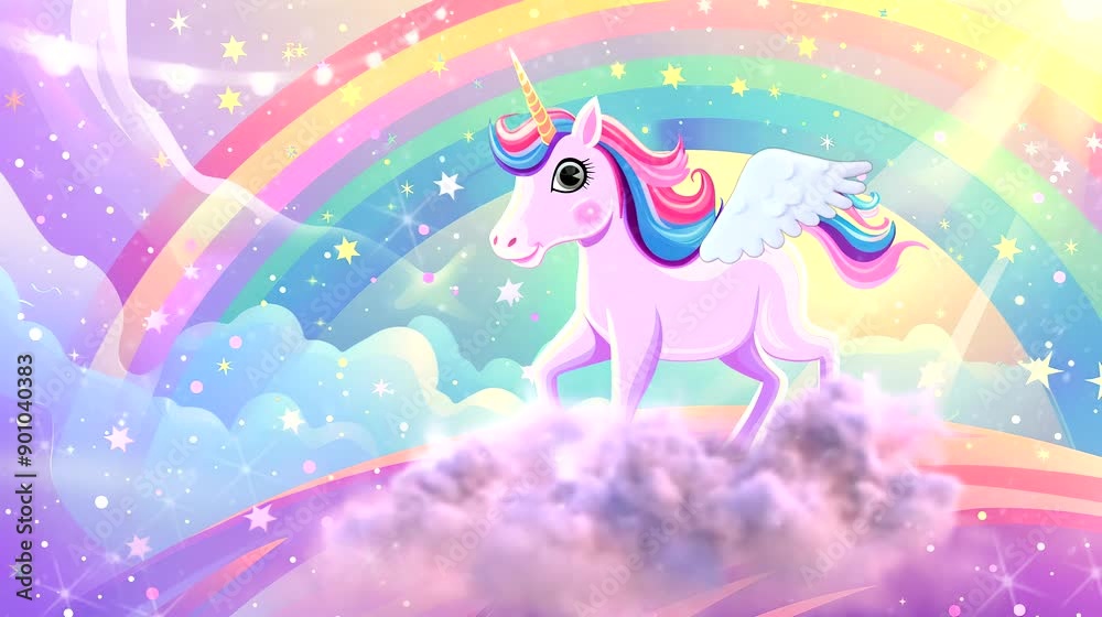 Adorable cartoon unicorn with a rainbow and stars in a dreamy sky. Seamless loop video background