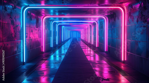 3d render, blue pink neon light abstract background, night club empty room interior, tunnel or corridor,