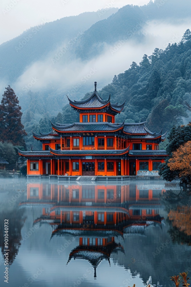 Obraz premium Traditional Chinese Pagoda Reflected in Misty Lake