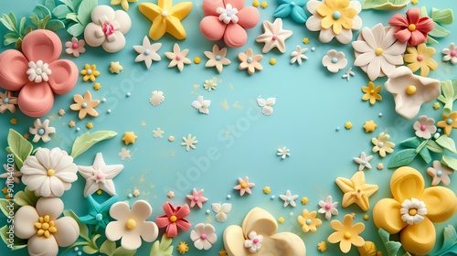 Colorful sugar flowers and sprinkles on a light blue background.