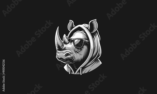 head rhino wearing hoodie and sun glass vector mascot design