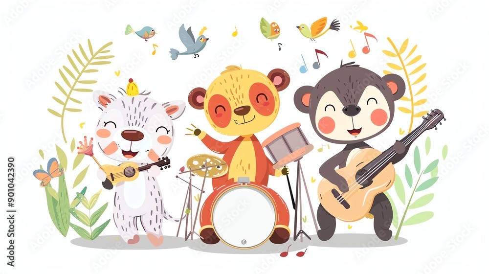 Naklejka premium Three cute cartoon animals are playing music in a forest.
