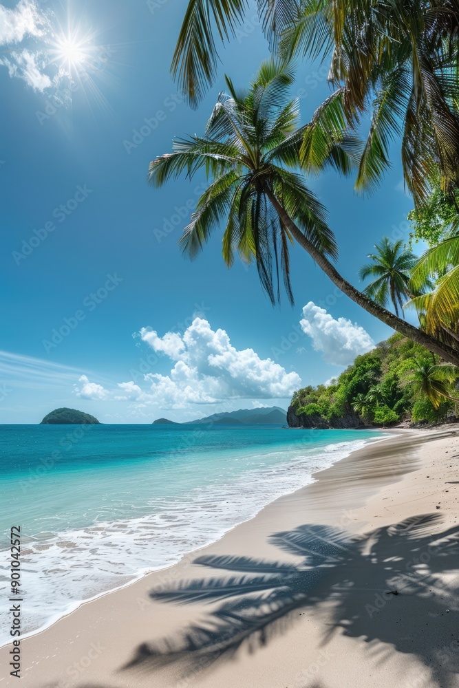 Tropical beach with palm trees and azure water in ocean. Paradise island on a sunny day. Trip, travel and vacation theme Tropical beach with palm trees and azure water in ocean. Paradise island on a sunny day. Trip, travel and vacation theme