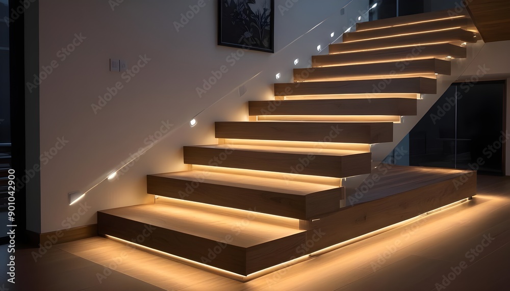 Wooden stairs with LED lighting along the steps, creating a warm and modern ambiance. The stairs appear to be in a residential or commercial setting, with a minimalist and contemporary design Wooden stairs with LED lighting along the steps, creating a warm and modern ambiance. The stairs appear to be in a residential or commercial setting, with a minimalist and contemporary design