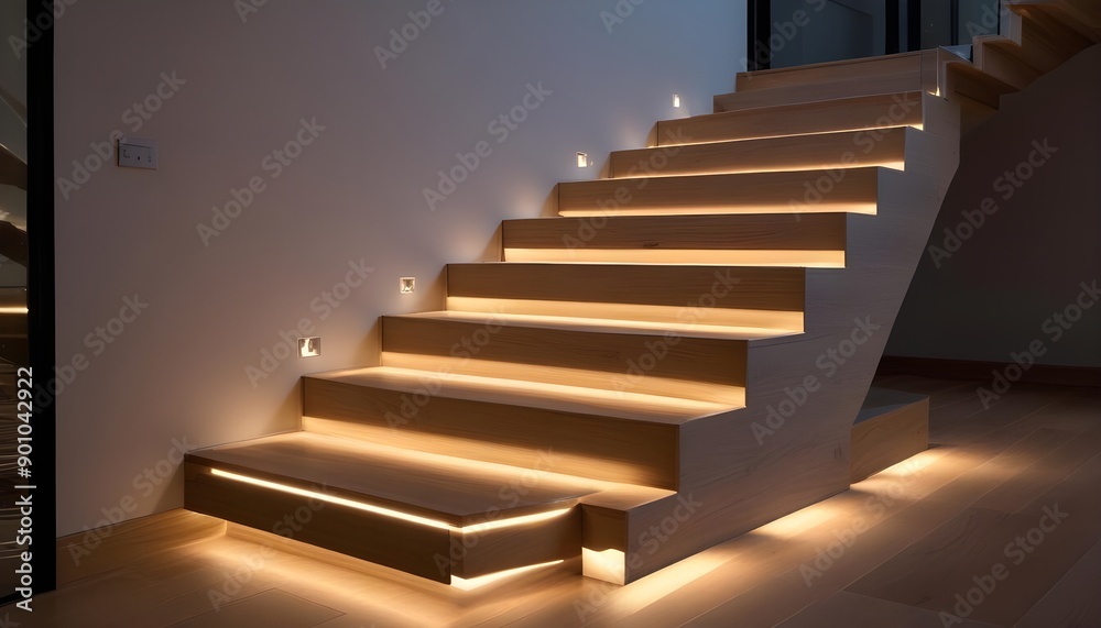 Wooden stairs with LED lighting along the steps, creating a warm and modern ambiance. The stairs appear to be in a residential or commercial setting, with a minimalist and contemporary design Wooden stairs with LED lighting along the steps, creating a warm and modern ambiance. The stairs appear to be in a residential or commercial setting, with a minimalist and contemporary design