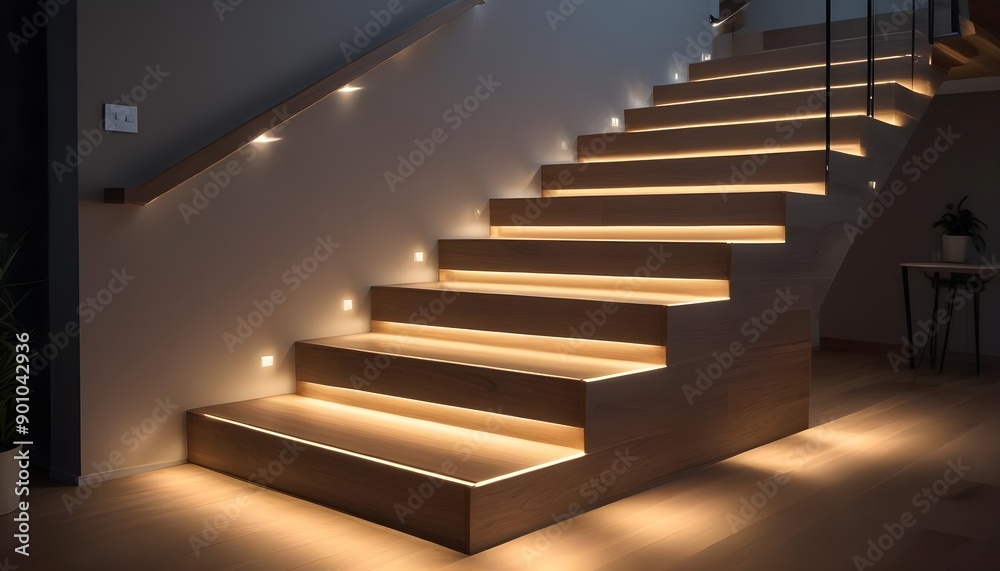 Wooden stairs with LED lighting along the steps, creating a warm and modern ambiance. The stairs appear to be in a residential or commercial setting, with a minimalist and contemporary design Wooden stairs with LED lighting along the steps, creating a warm and modern ambiance. The stairs appear to be in a residential or commercial setting, with a minimalist and contemporary design