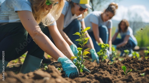 A group of volunteers plant a tree sapling.