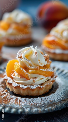 Gourmet patisserie peach tartalette with white whipped cream, modern french patisserie restaurant blurry background photo