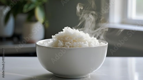 A bowl of freshly steamed rice with a fluffy texture.