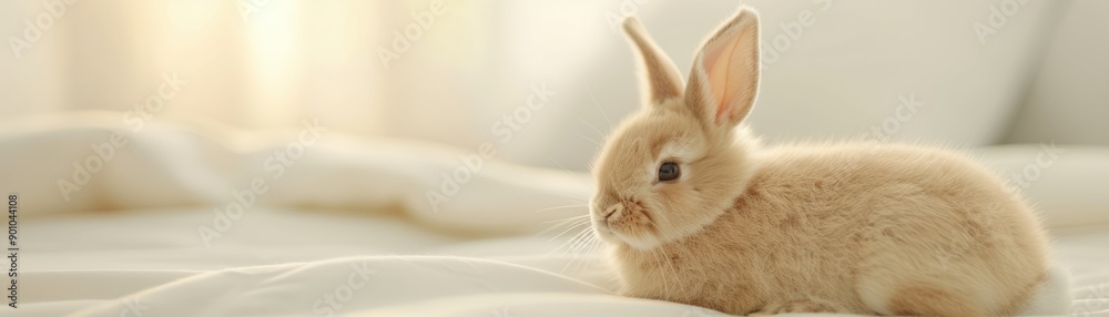 Obraz premium A cute, fluffy rabbit resting on soft bedding, radiating warmth and charm in a serene indoor setting.