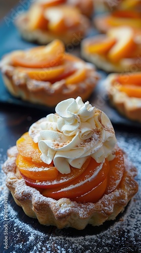 Gourmet patisserie peach tartalette with white whipped cream, modern french patisserie restaurant blurry background photo