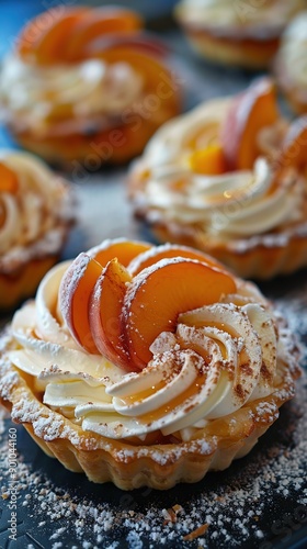 Gourmet patisserie peach tartalette with white whipped cream, modern french patisserie restaurant blurry background photo