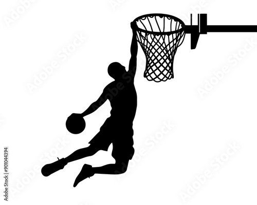 vector silhouette of a male basketball player slam dunk, scoring the ball to the net, transparent background