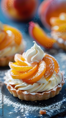 Gourmet patisserie peach tartalette with white whipped cream, modern french patisserie restaurant blurry background photo