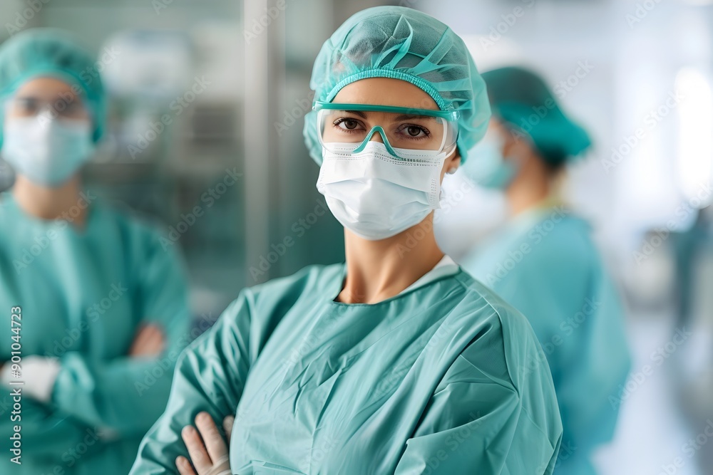 Portrait of Confident Surgeon in Scrubs and Mask in Sterile Medical Environment Portrait of Confident Surgeon in Scrubs and Mask in Sterile Medical Environment