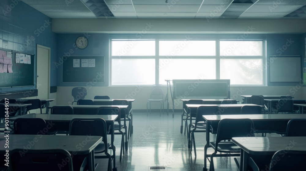 Empty Classroom with Desks and Chairs