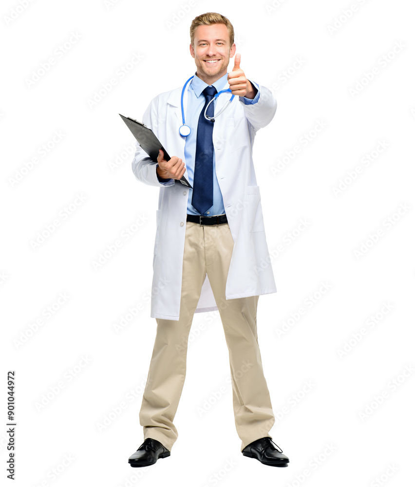 Doctor, portrait and happy man with thumbs up in studio with information, medical results or approval. Clipboard, stethoscope and physician for good news, consultation and gesture on white background Doctor, portrait and happy man with thumbs up in studio with information, medical results or approval. Clipboard, stethoscope and physician for good news, consultation and gesture on white background