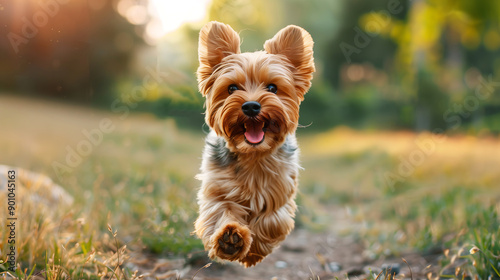 Yorkshire Terrier in Motion: A joyful Yorkshire Terrier leaps through the air, tongue out, with a golden glow of the setting sun behind it, capturing the pure happiness of a dog in motion.   © AI Visual Vault
